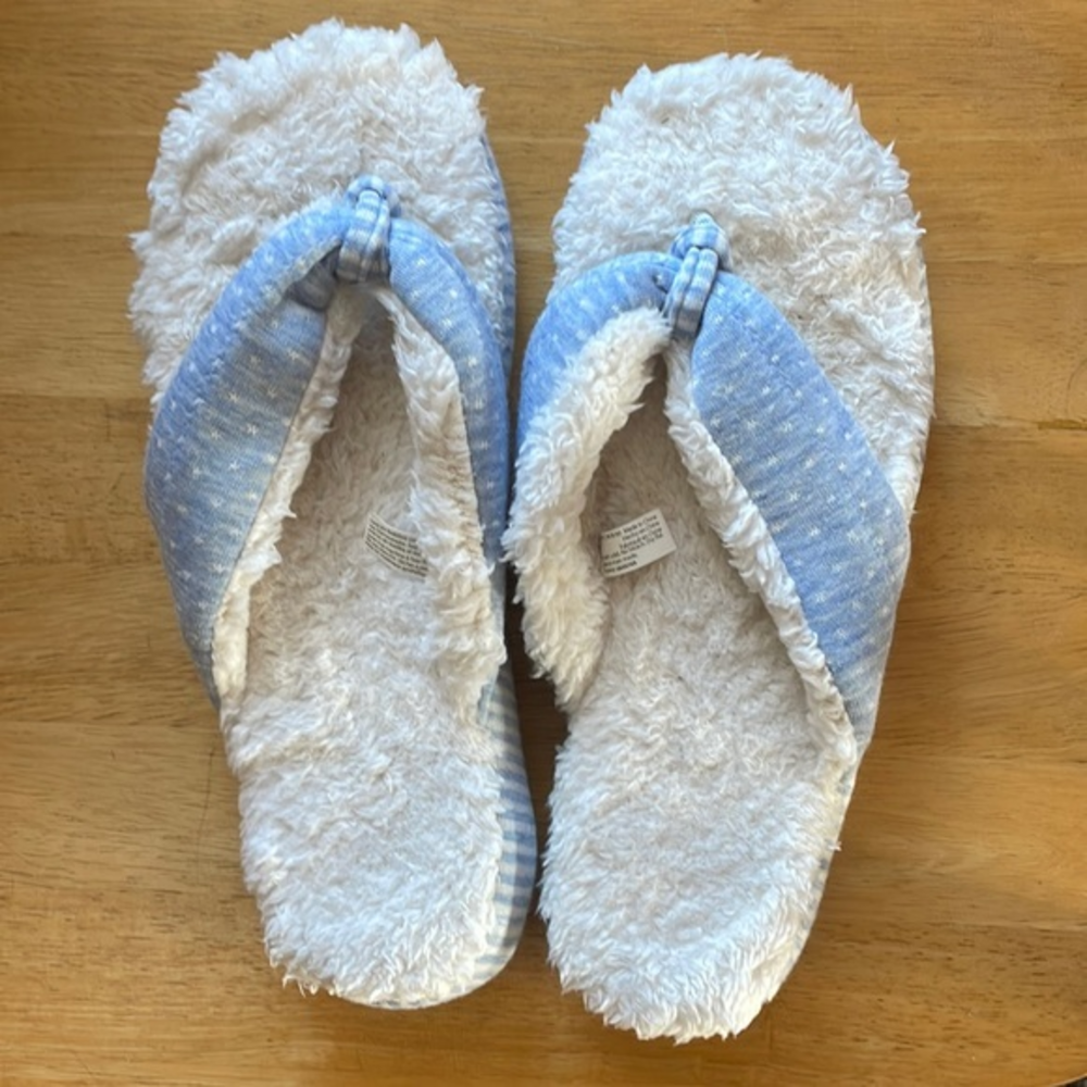 Dearfoams Womens Plush Spa Slippers‎ Thong Style Blue White Large (9-10)